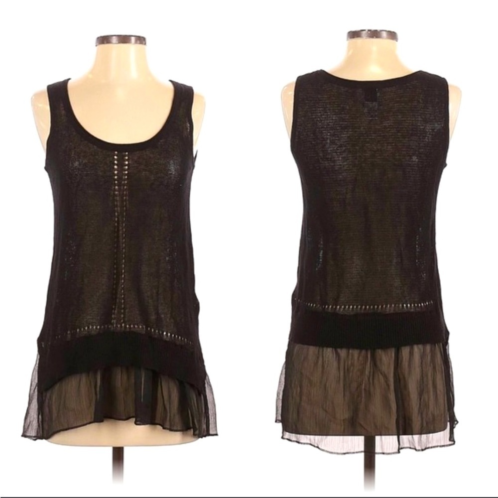 August Moon Linen Blend Sleeveless Tunic Size L Black Semi Sheer Stretch…